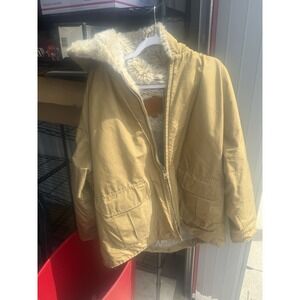 Vintage Woolrich Hooded Jacket XL Faux Fur Lined Tan Workwear Coat USA Style